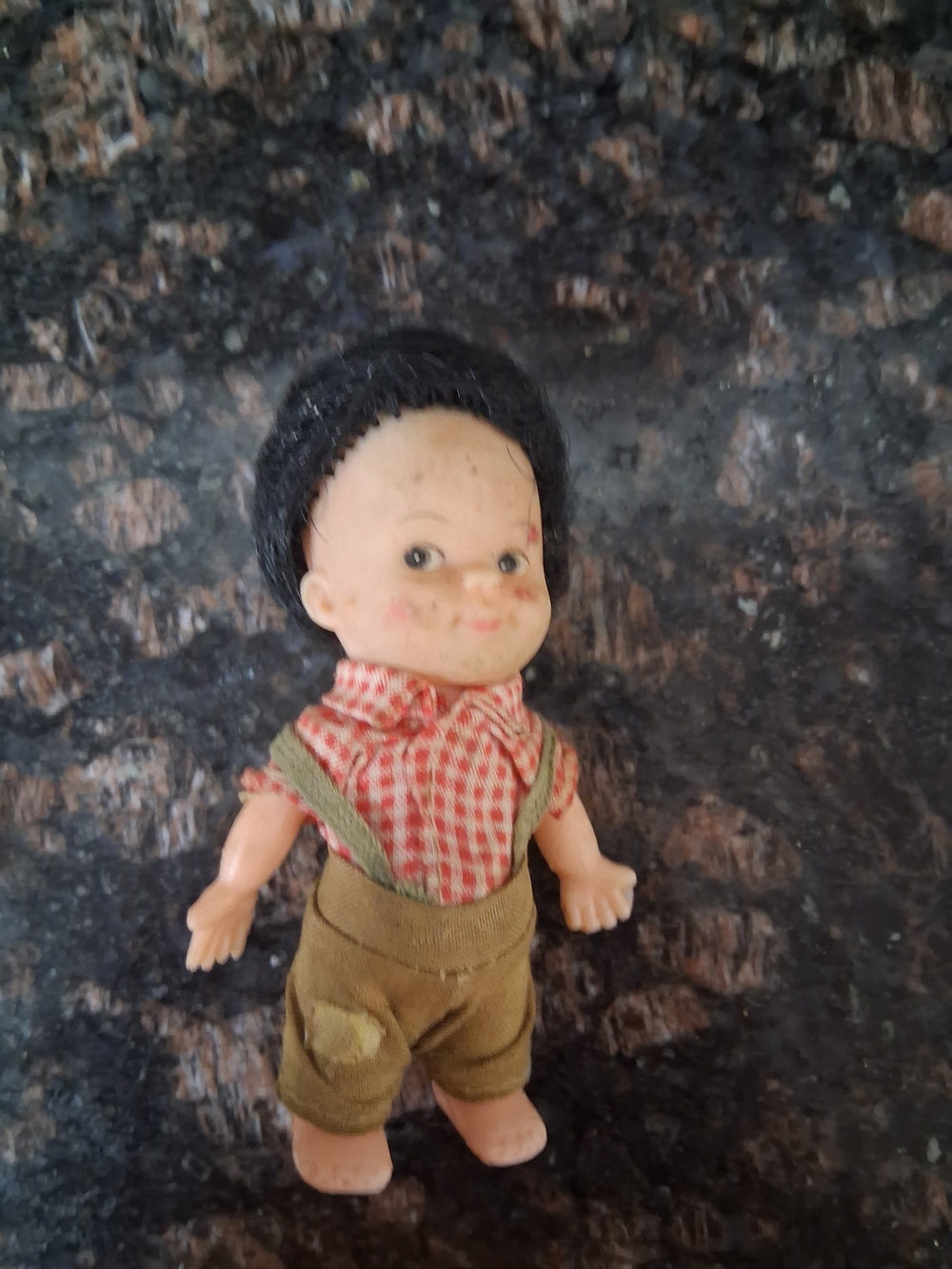 Vintage Small Doll with Red Gingham Shirt and Olive Overalls